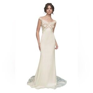 Tadashi Shoji NWT Lace Illusion Off The Shoulder Crepe Bridal Wedding Gown 8